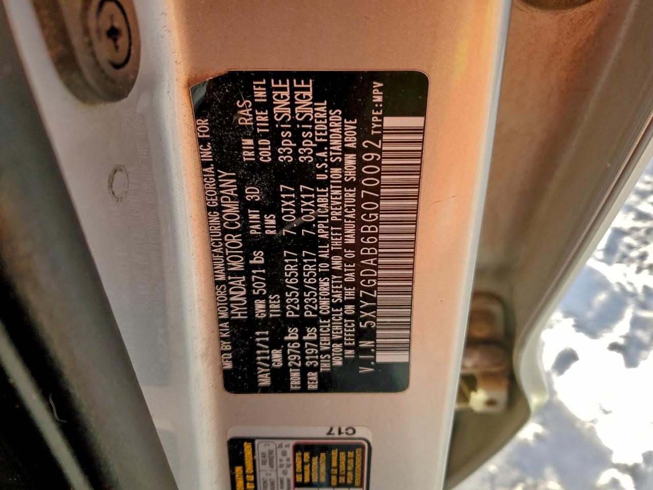 2011 Hyundai Santa Fe Gls VIN: 5XYZGDAB6BG070092 Lot: 97107965