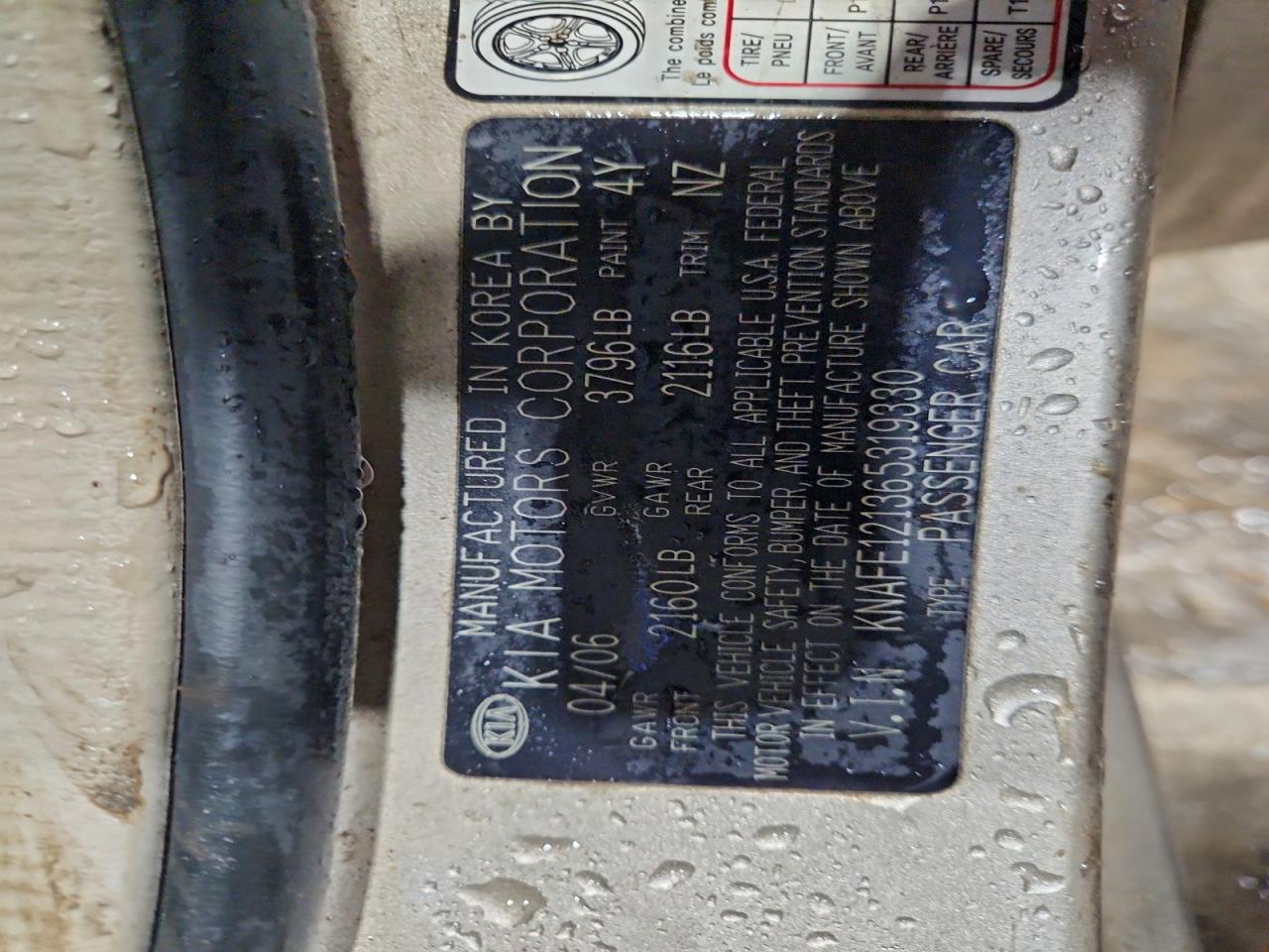 2006 Kia Spectra Lx VIN: KNAFE121365319330 Lot: 95519525