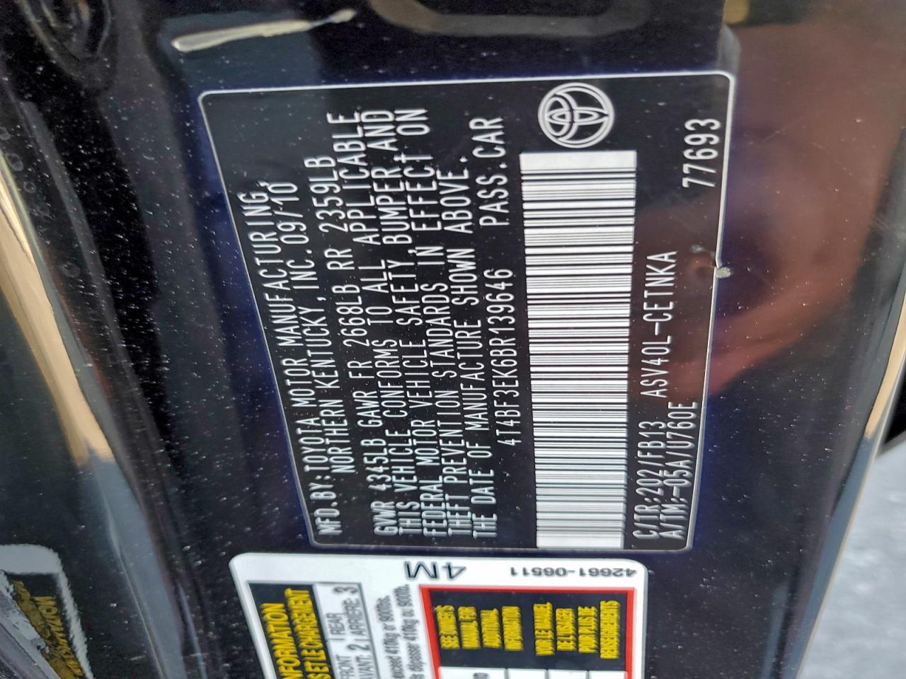 2011 Toyota Camry Base VIN: 4T4BF3EK6BR139646 Lot: 96133265