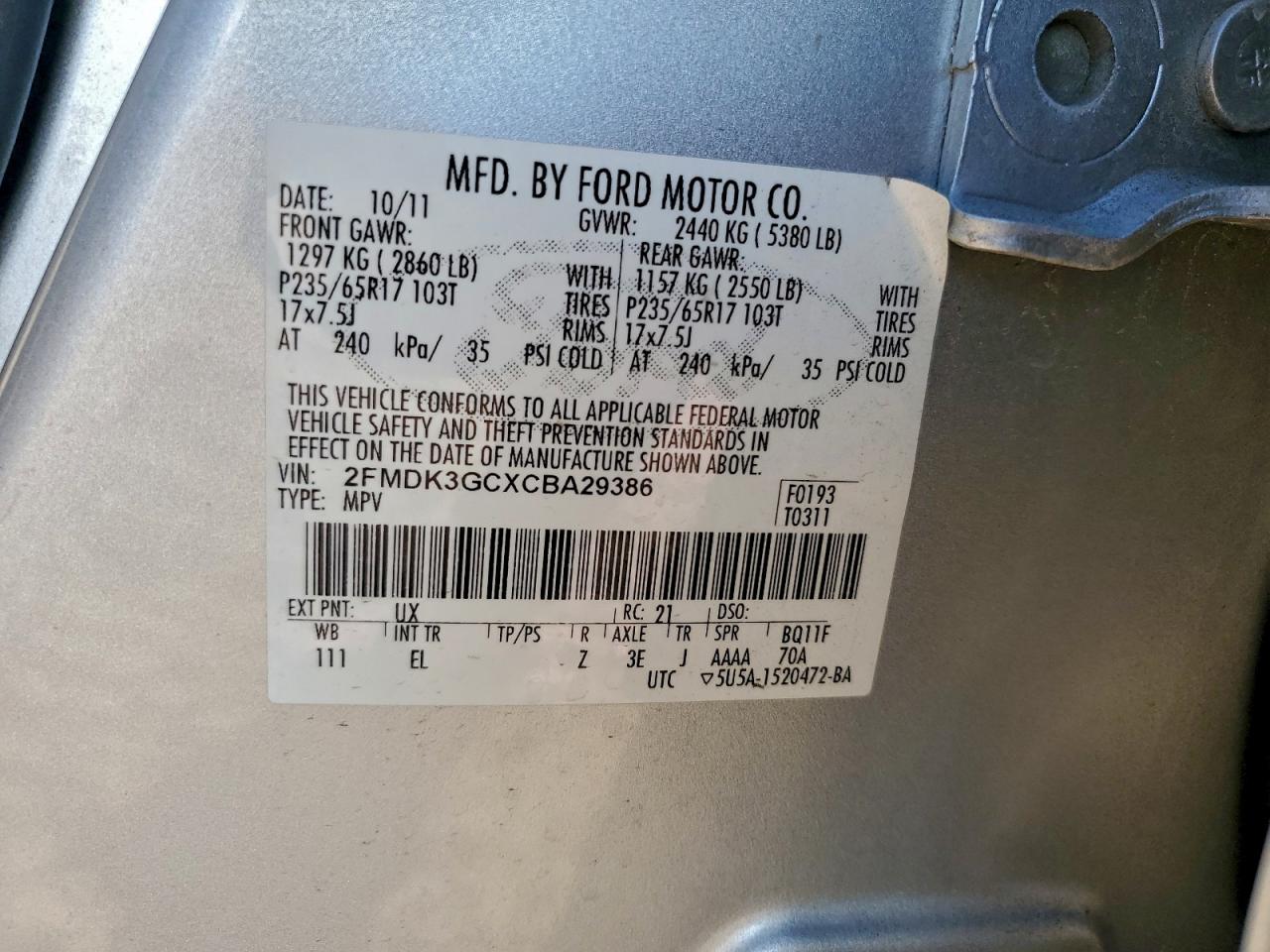 2012 Ford Edge Se VIN: 2FMDK3GCXCBA29386 Lot: 96351555