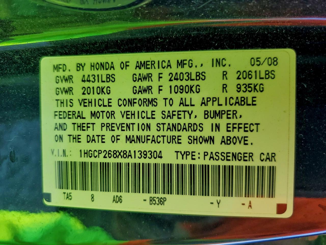 2008 Honda Accord Exl VIN: 1HGCP268X8A139304 Lot: 96071195