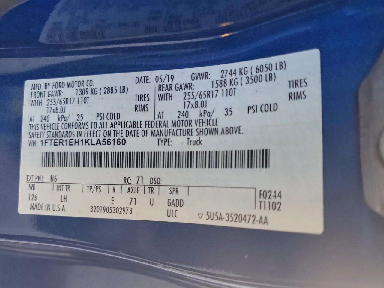 2019 Ford Ranger Xl VIN: 1FTER1EH1KLA56160 Lot: 95189575