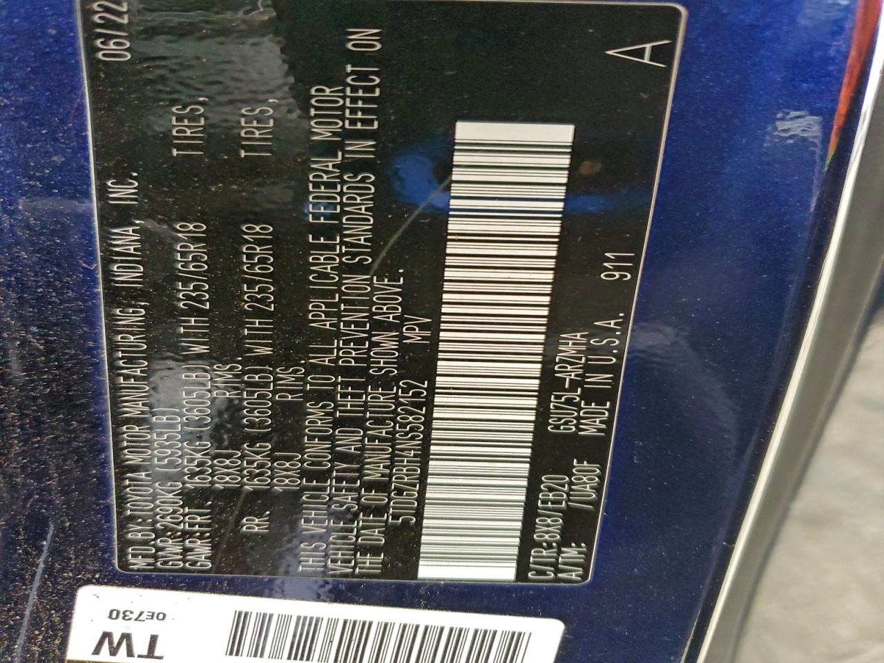 2022 Toyota Highlander Xle VIN: 5TDGZRBH4NS582152 Lot: 96180565