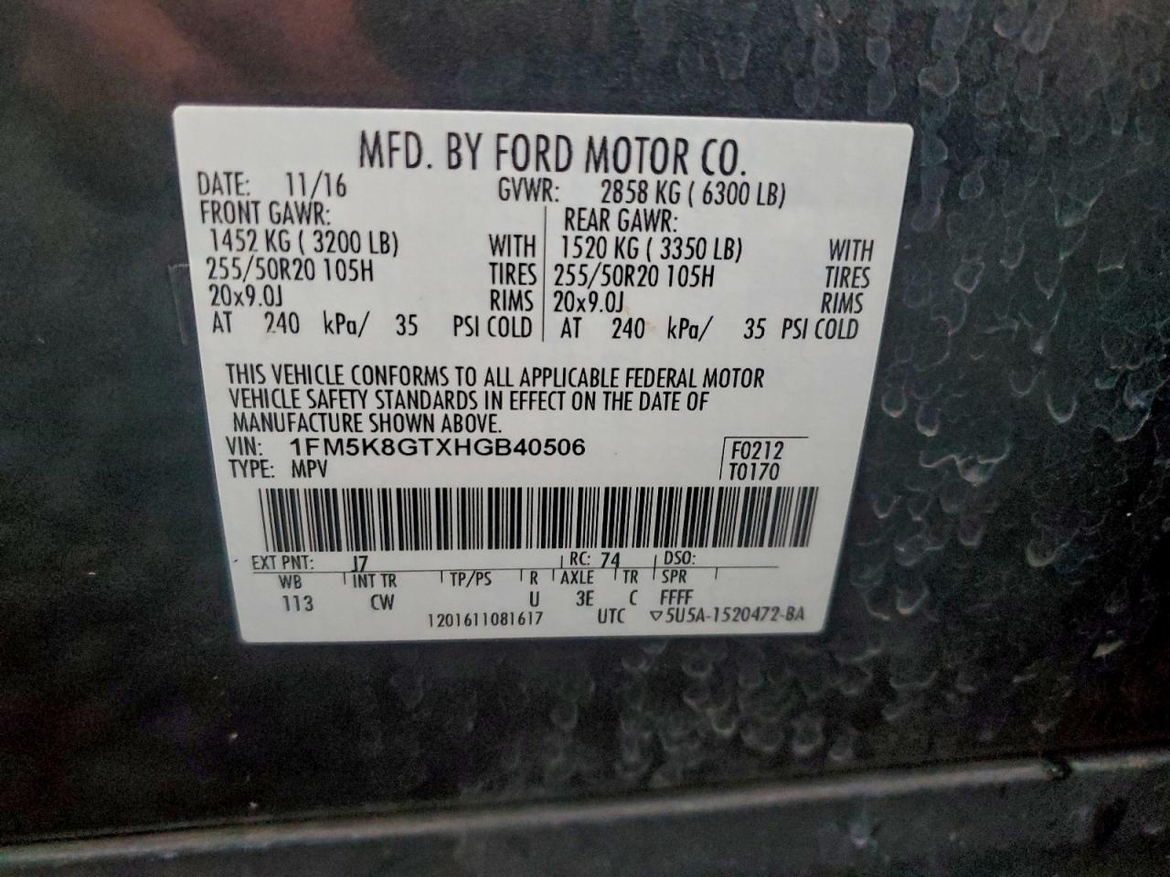 2017 Ford Explorer Sport VIN: 1FM5K8GTXHGB40506 Lot: 95682675