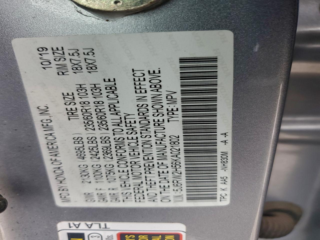 2019 Honda Cr-V Ex VIN: 5J6RW2H56KA021802 Lot: 95192045