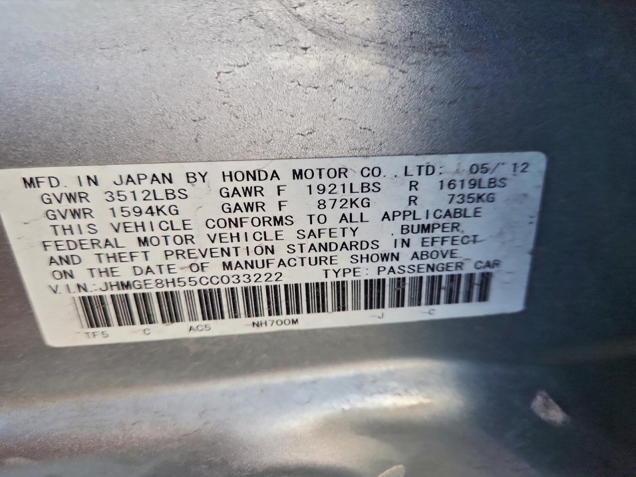 2012 Honda Fit Sport VIN: JHMGE8H55CC033222 Lot: 94997515