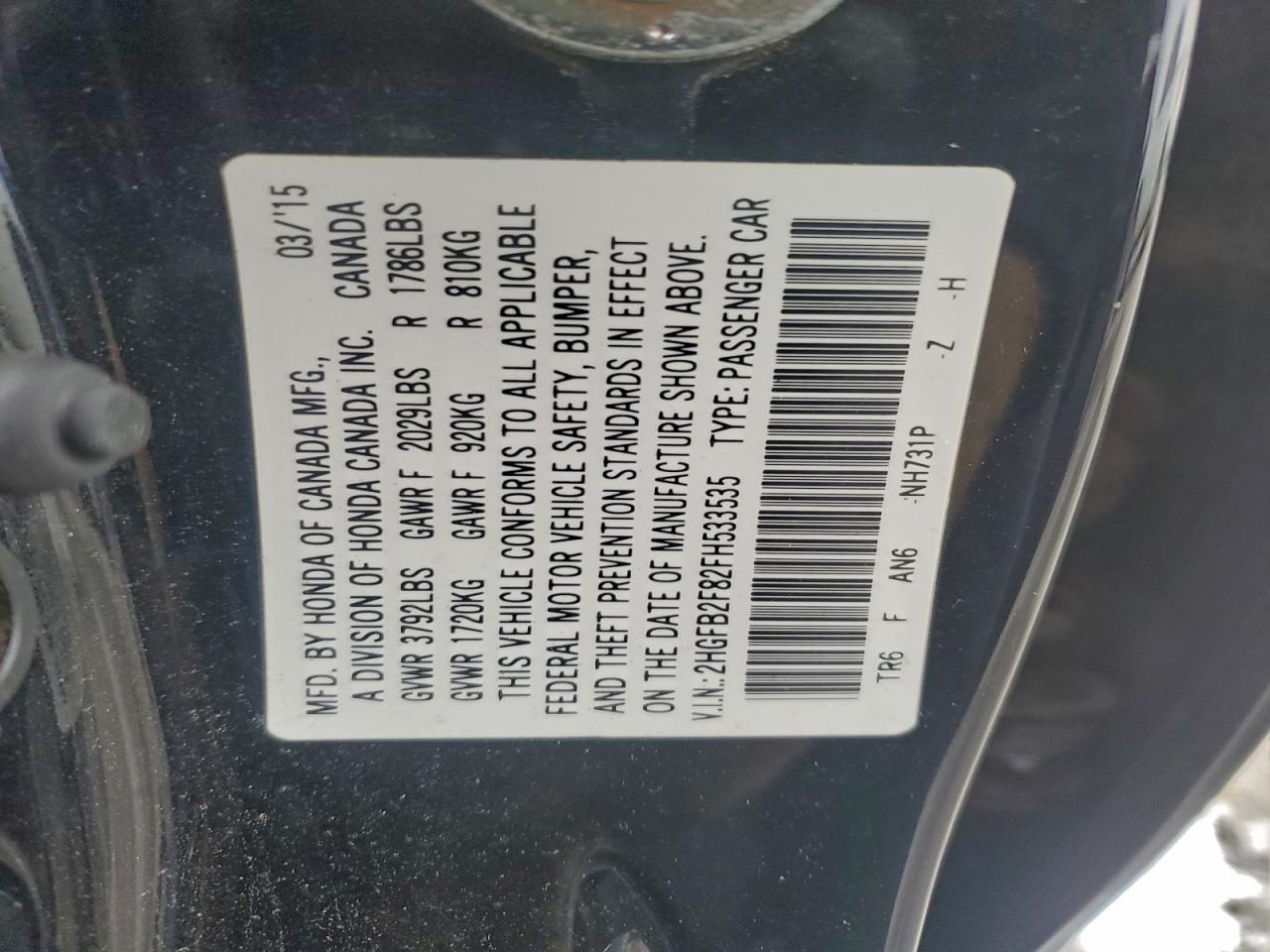 2015 Honda Civic Ex VIN: 2HGFB2F82FH533535 Lot: 94774875