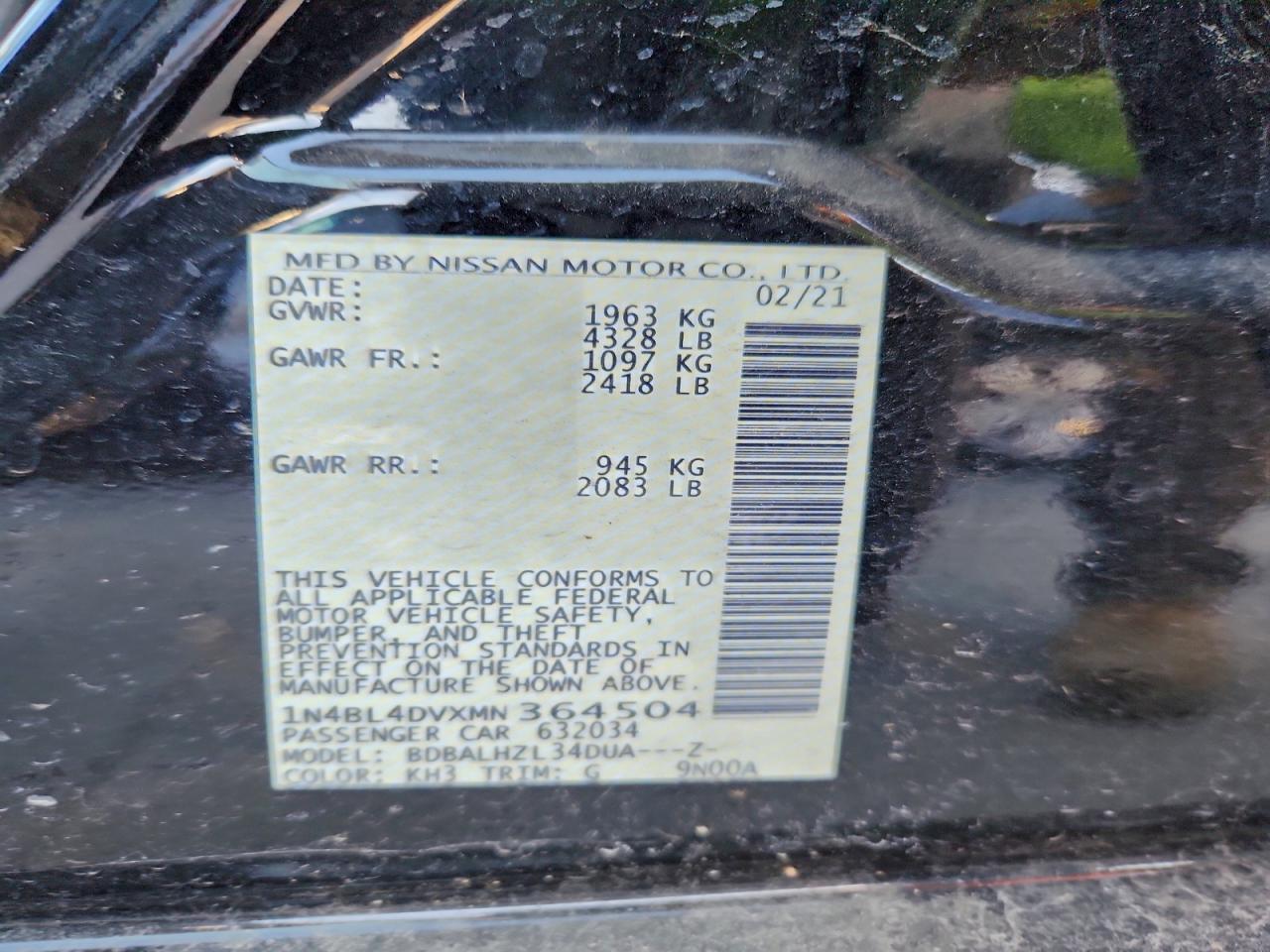 2021 Nissan Altima Sv VIN: 1N4BL4DVXMN364504 Lot: 96003235