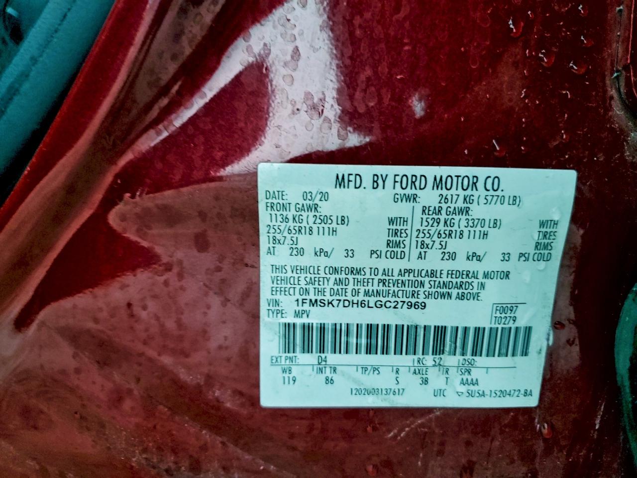 2020 Ford Explorer Xlt VIN: 1FMSK7DH6LGC27969 Lot: 94322975