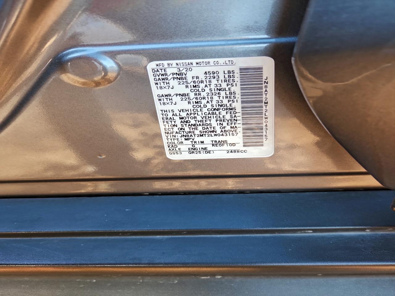 2020 Nissan Rogue S VIN: JN8AT2MT2LW043157 Lot: 94744235