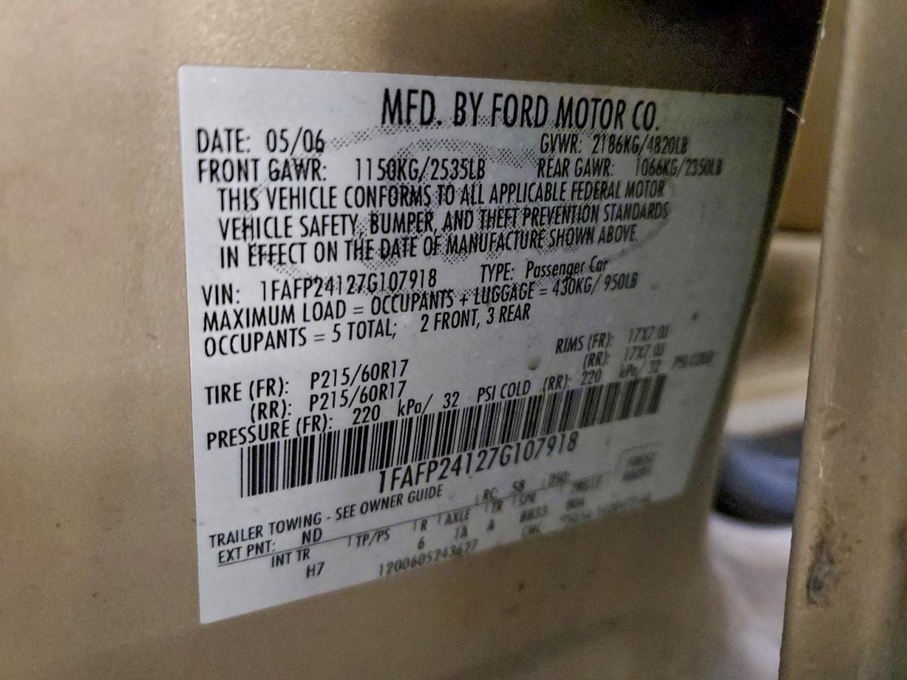 2007 Ford Five Hundred Sel VIN: 1FAFP24127G107918 Lot: 94649475