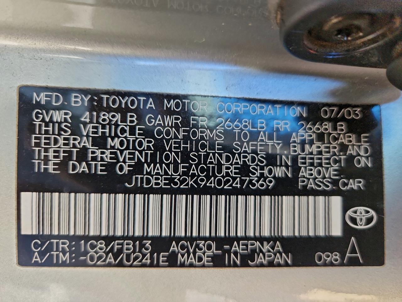 2004 Toyota Camry Le VIN: JTDBE32K940247369 Lot: 94476305