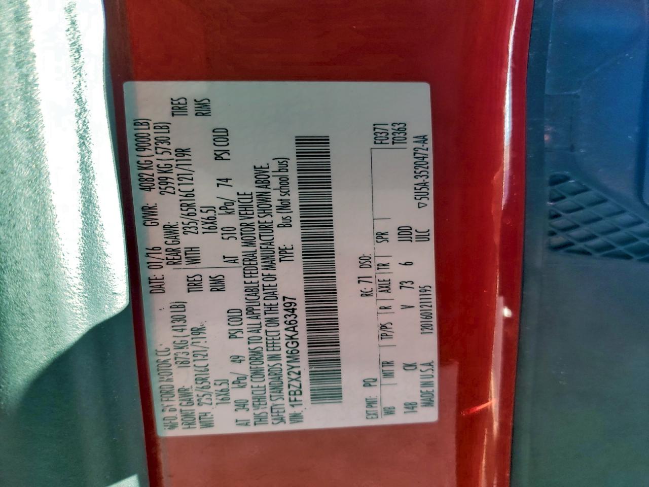 2016 Ford Transit T-350 VIN: 1FBZX2YM6GKA63497 Lot: 95869865