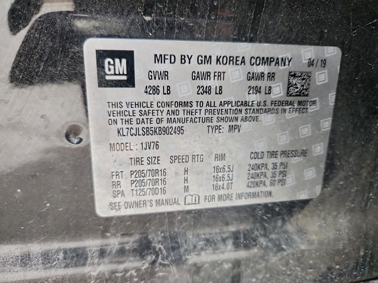 2019 Chevrolet Trax 1Lt VIN: KL7CJLSB5KB902495 Lot: 96585685