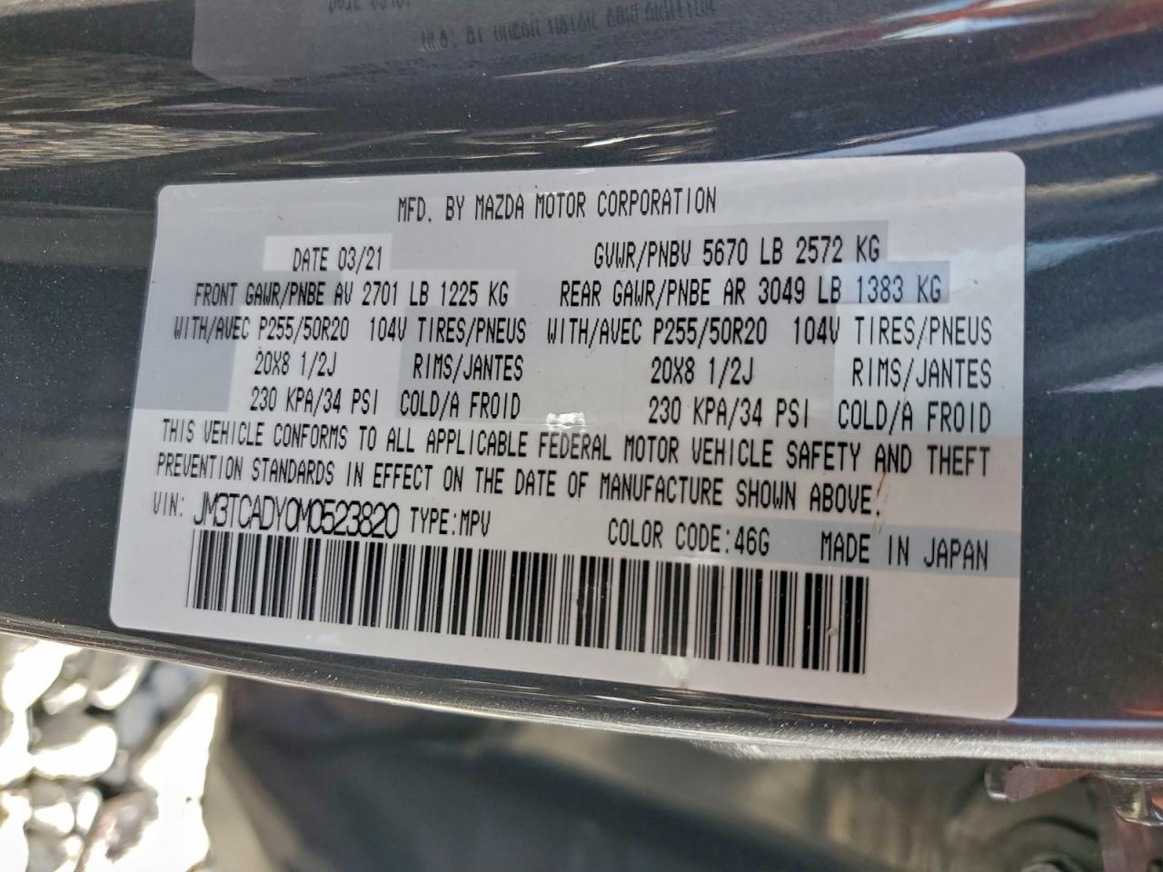 2021 Mazda Cx-9 Grand Touring VIN: JM3TCADY0M0523820 Lot: 94651955