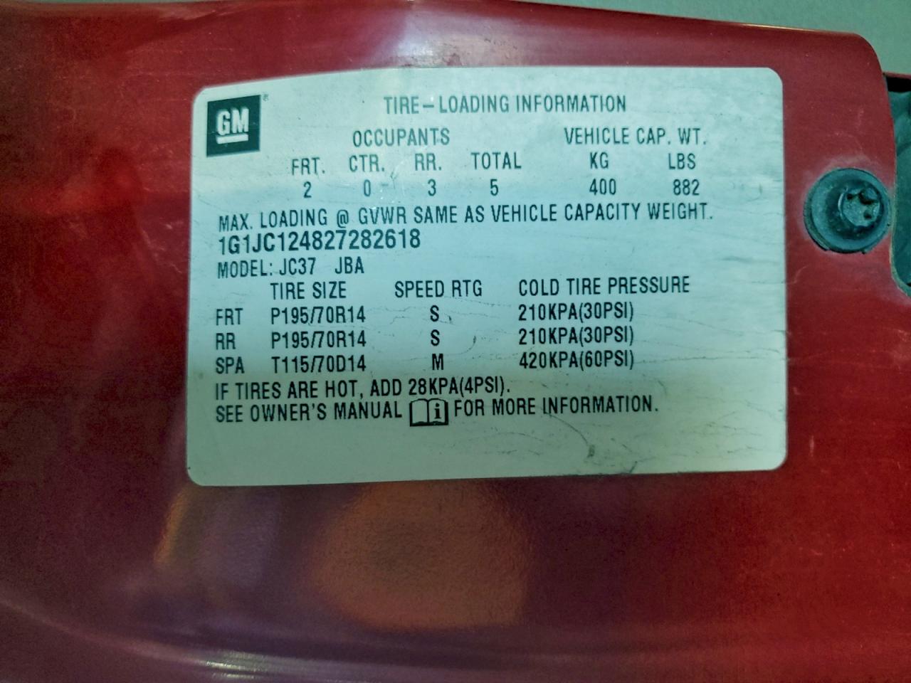 2002 Chevrolet Cavalier VIN: 1G1JC124827282618 Lot: 97482485