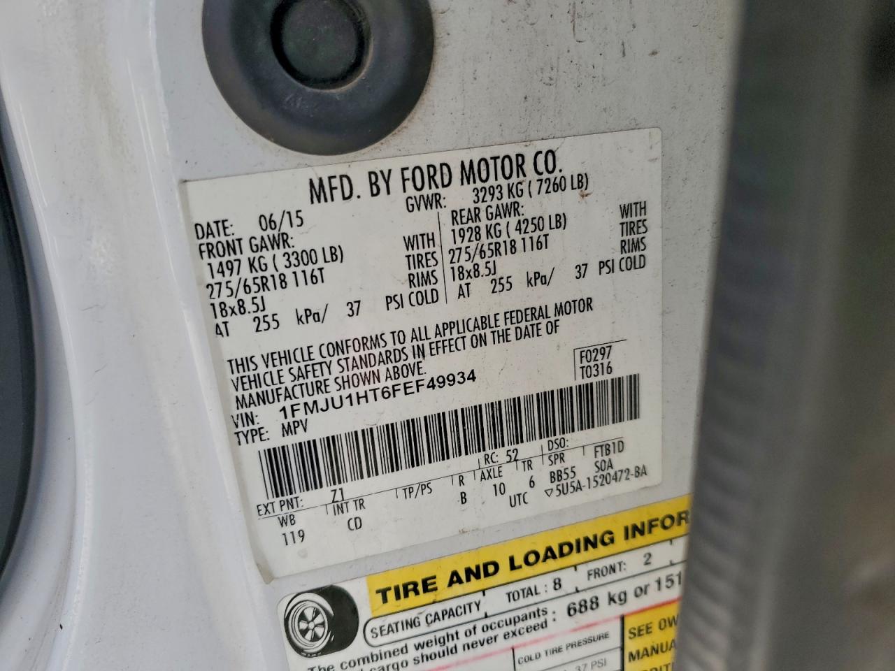 2015 Ford Expedition Xlt VIN: 1FMJU1HT6FEF49934 Lot: 95263485