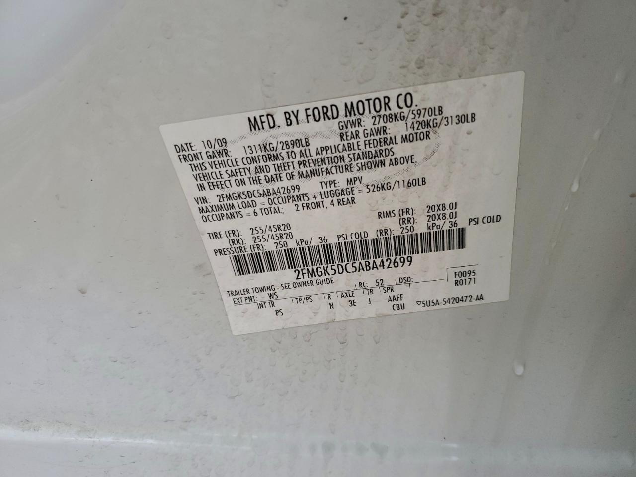 2010 Ford Flex Limited VIN: 2FMGK5DC5ABA42699 Lot: 95538255