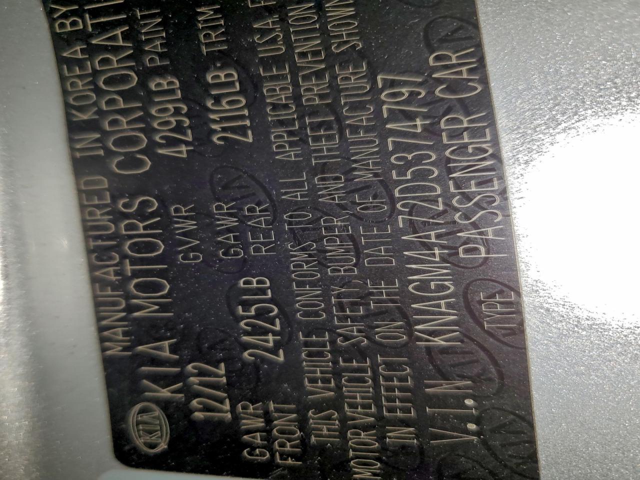 2013 Kia Optima Lx VIN: KNAGM4A72D5374797 Lot: 95794205