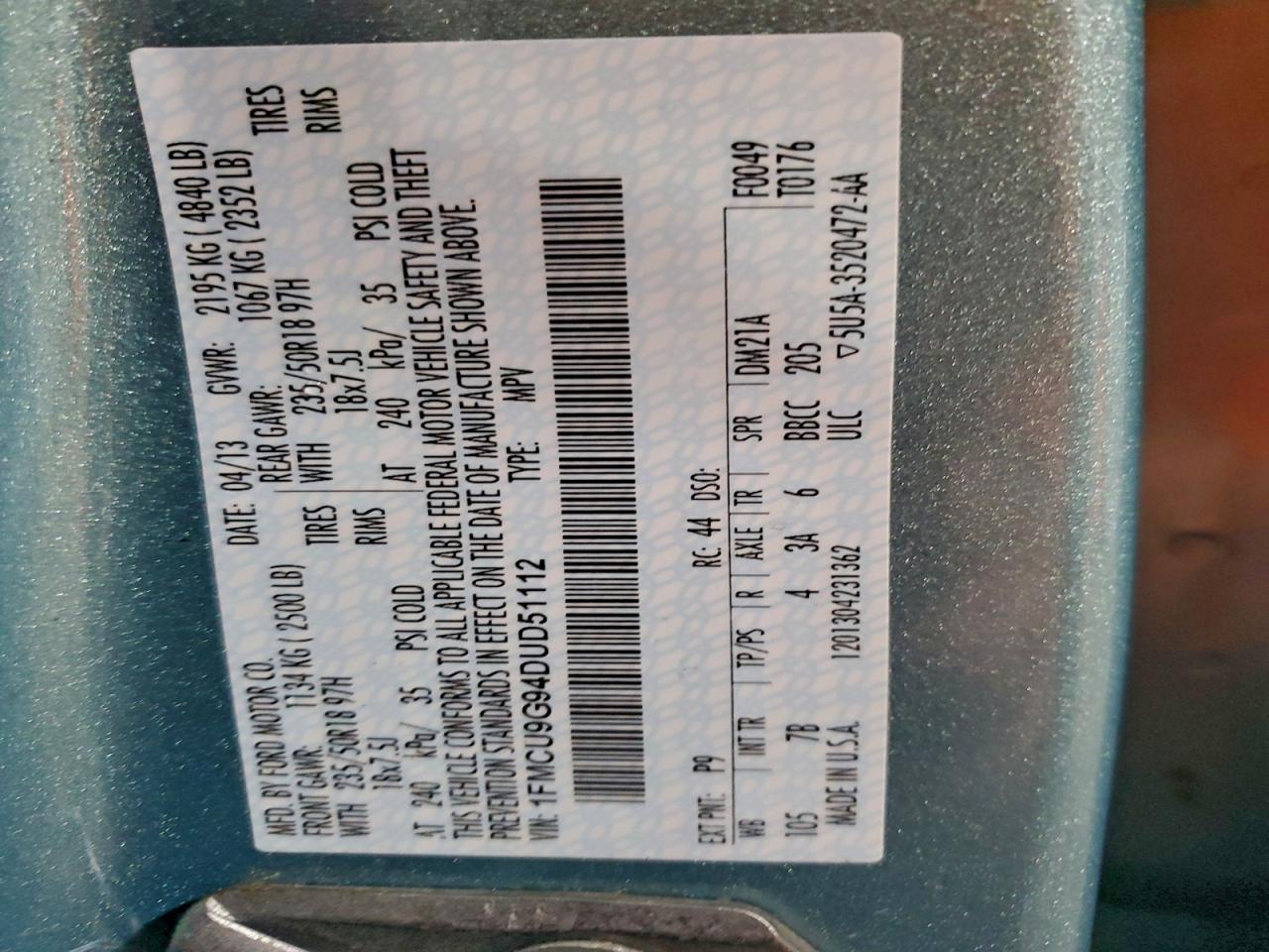 2013 Ford Escape Se VIN: 1FMCU9G94DUD51112 Lot: 95496345