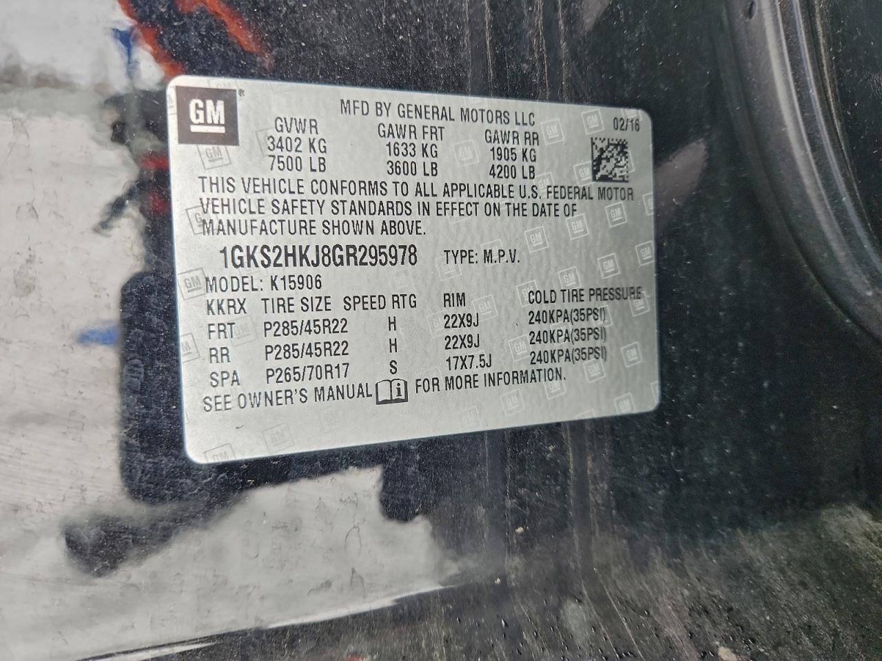 2016 GMC Yukon Xl Denali VIN: 1GKS2HKJ8GR295978 Lot: 96617935