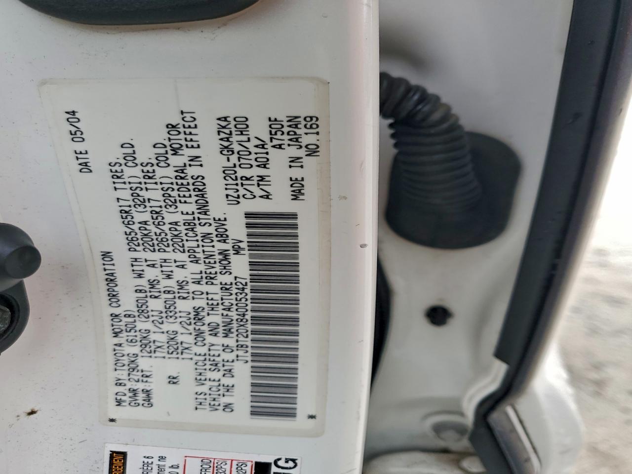 2004 Lexus Gx 470 VIN: JTJBT20X840053427 Lot: 95989515