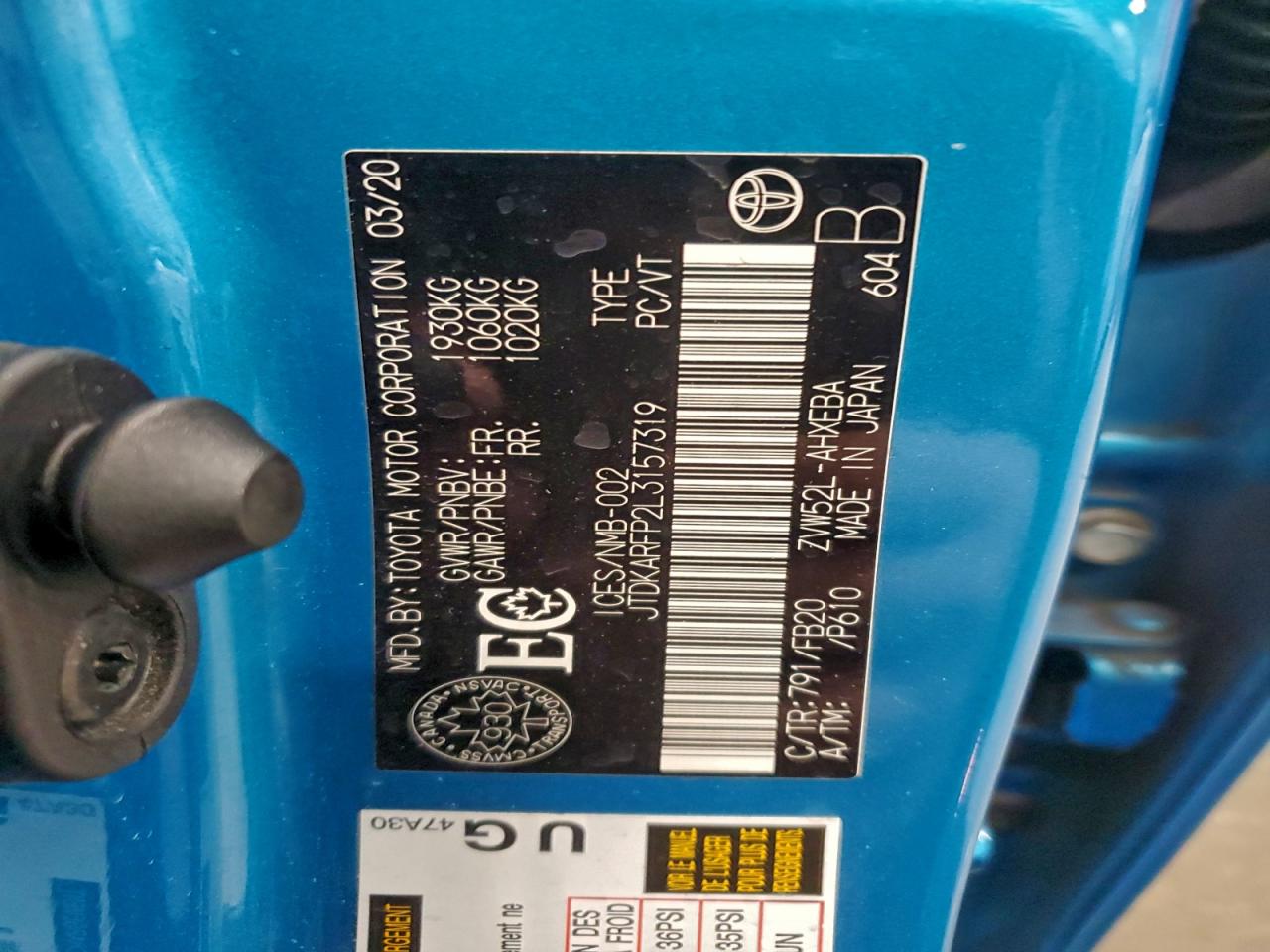 2020 Toyota Prius Prime Le VIN: JTDKARFP2L3157319 Lot: 94966725