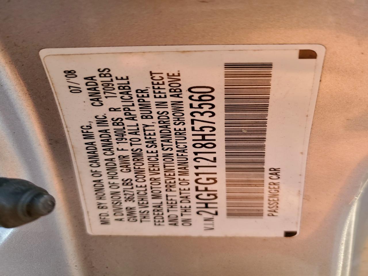 2008 Honda Civic Dx VIN: 2HGFG11218H573560 Lot: 95192285