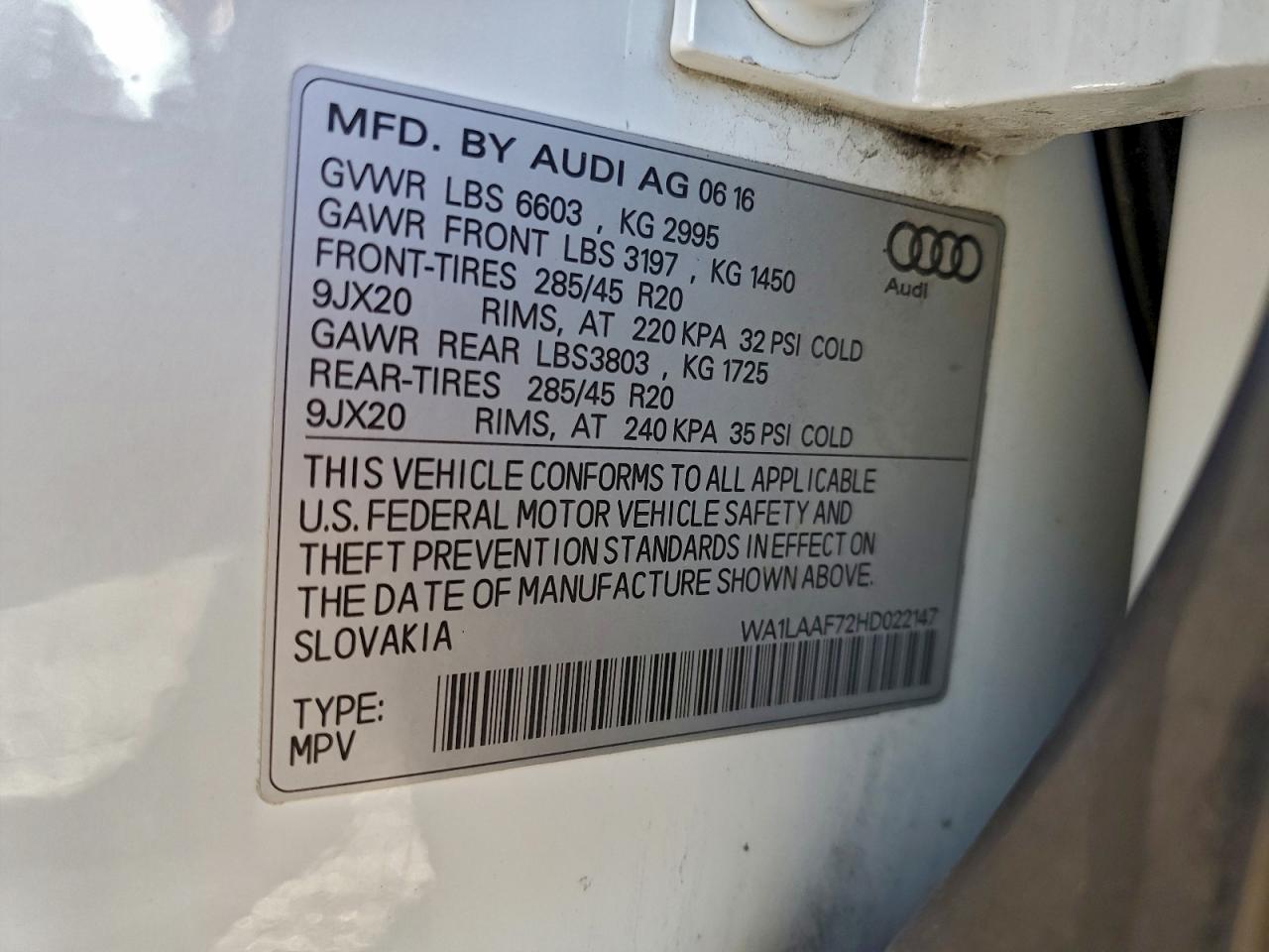 2017 Audi Q7 Premium Plus VIN: WA1LAAF72HD022147 Lot: 95457095