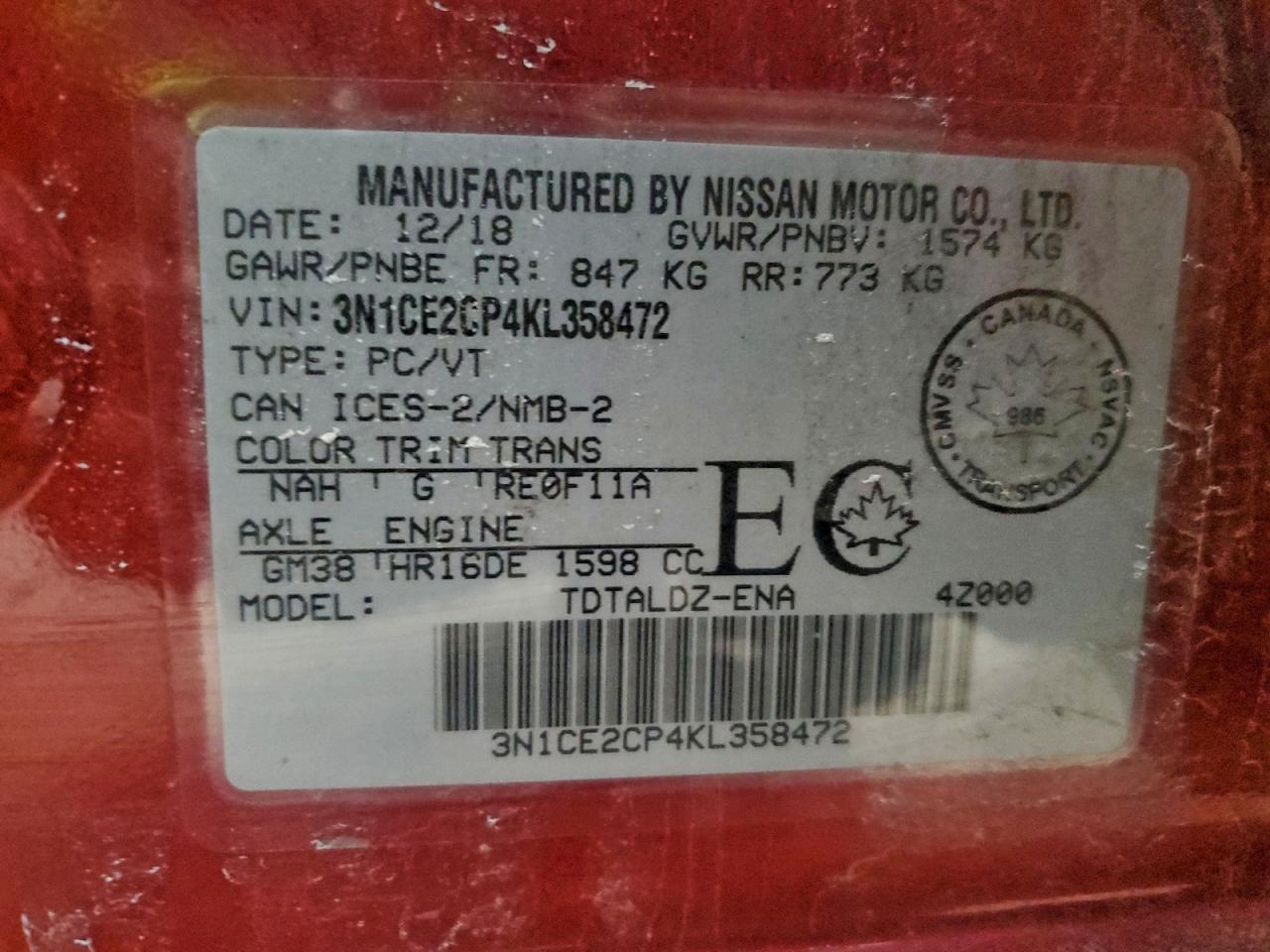 2019 Nissan Versa Note S VIN: 3N1CE2CP4KL358472 Lot: 95246195