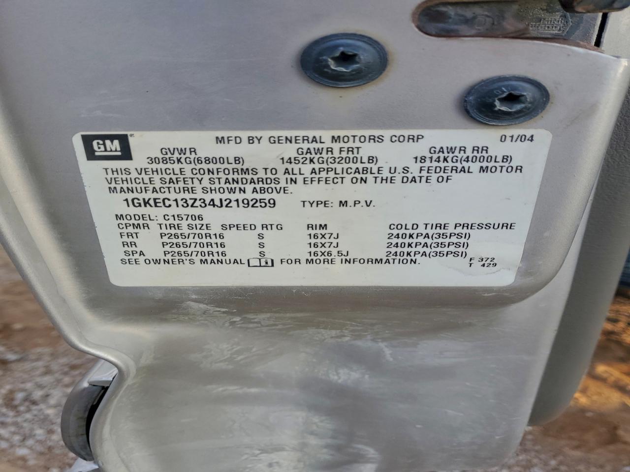 2004 GMC Yukon VIN: 1GKEC13Z34J219259 Lot: 94816185