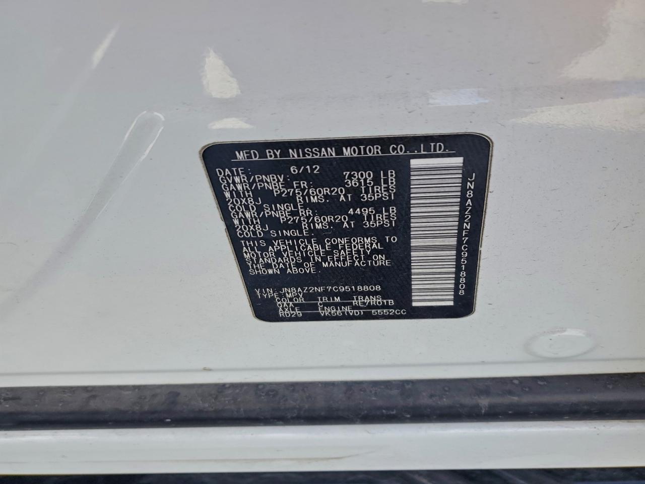 2012 Infiniti Qx56 VIN: JN8AZ2NF7C9518808 Lot: 96972195