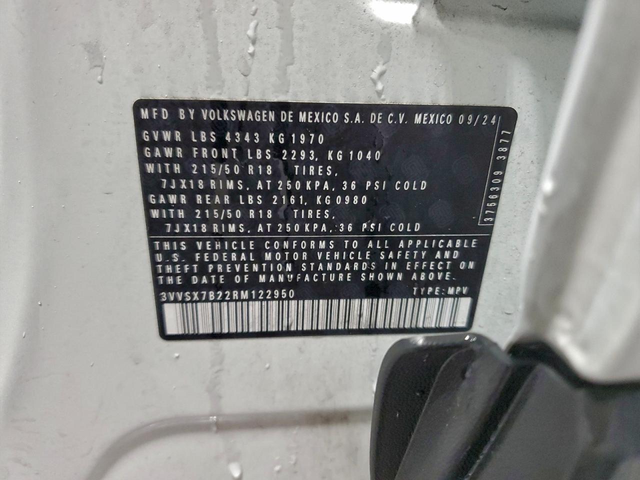 2024 Volkswagen Taos Se VIN: 3VVSX7B22RM122950 Lot: 94863335