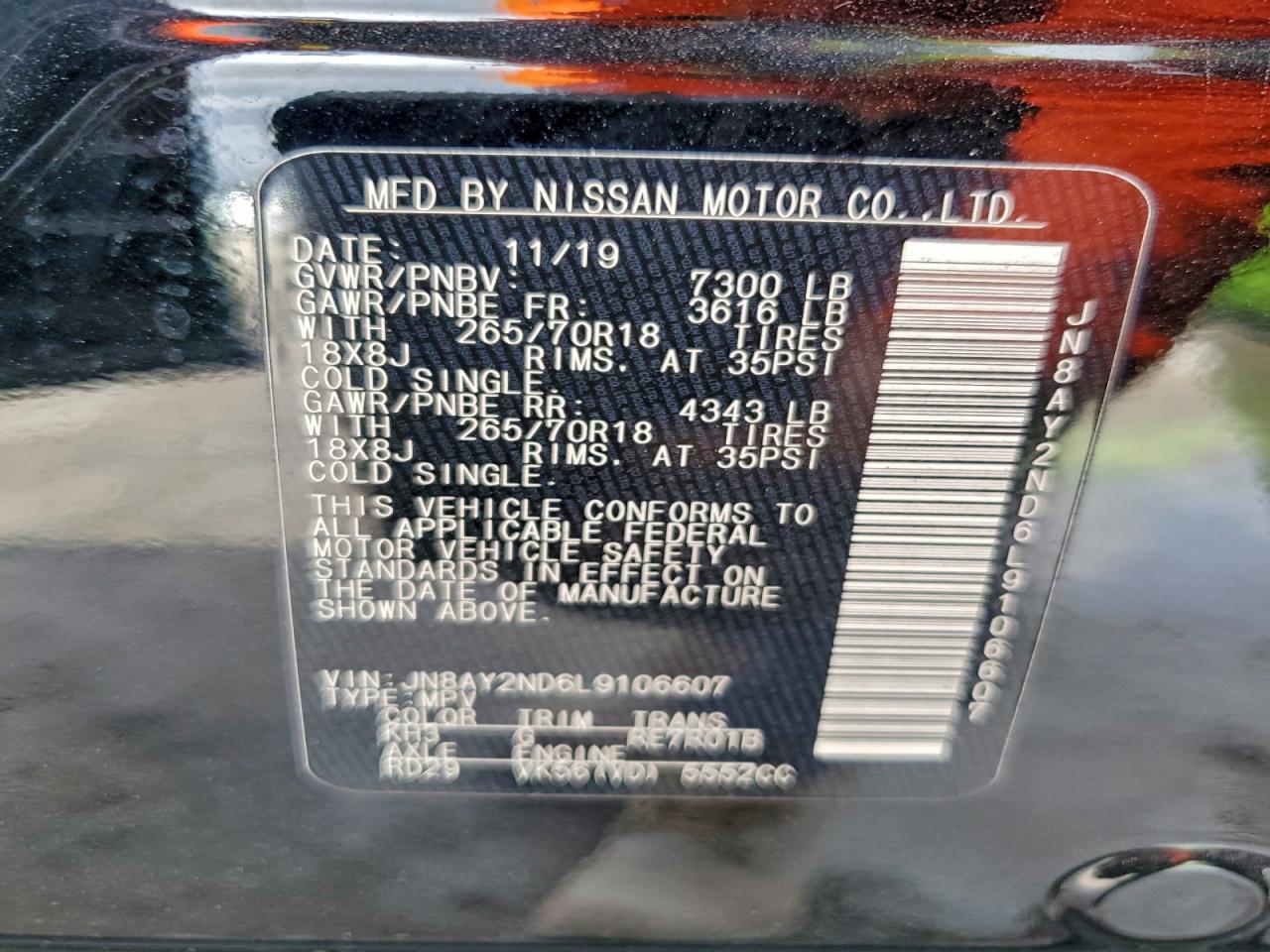 2020 Nissan Armada Sv VIN: JN8AY2ND6L9106607 Lot: 95701885