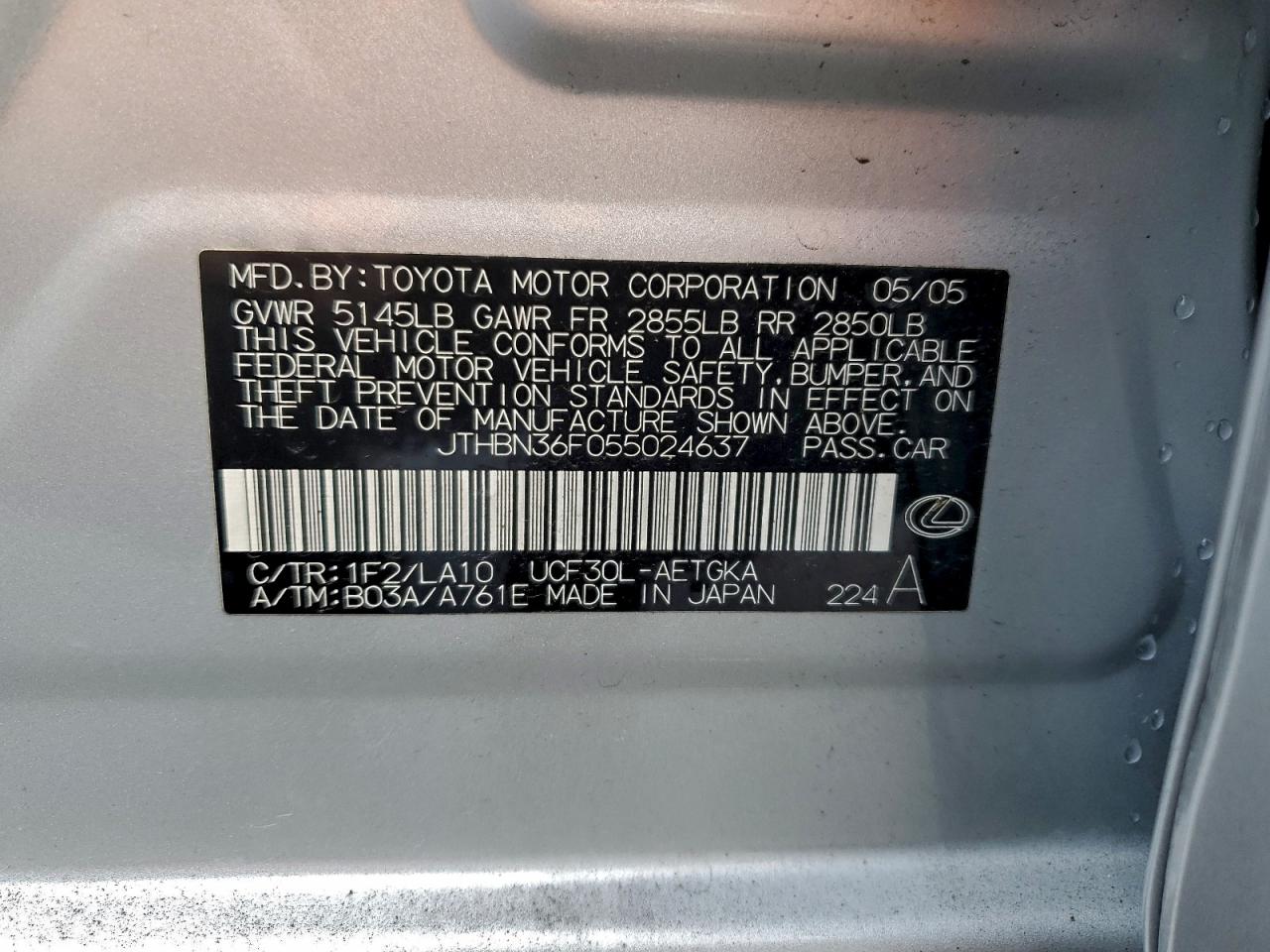 2005 Lexus Ls 430 VIN: JTHBN36F055024637 Lot: 97333135