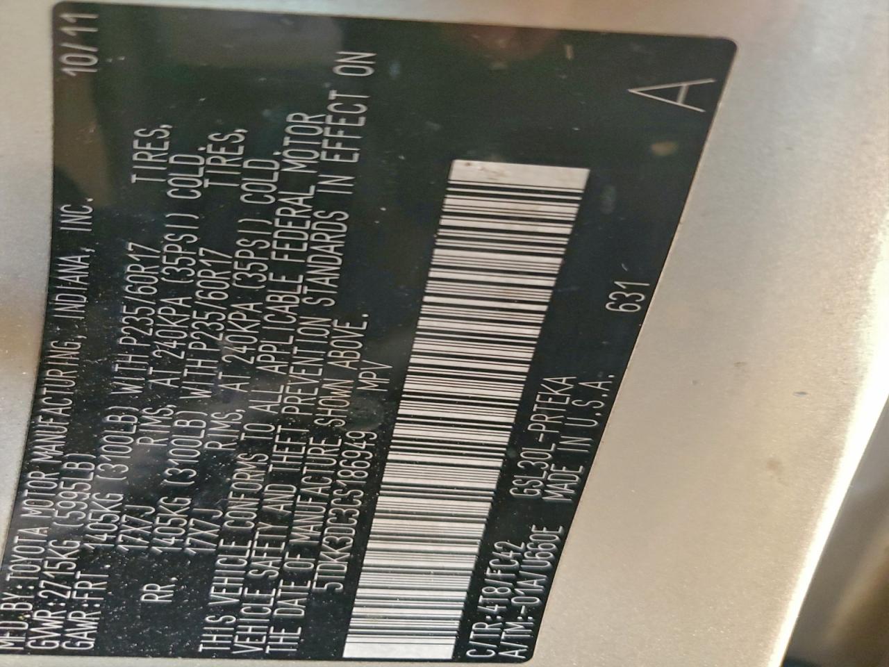 2012 Toyota Sienna Le VIN: 5TDKK3DC3CS186949 Lot: 95032445