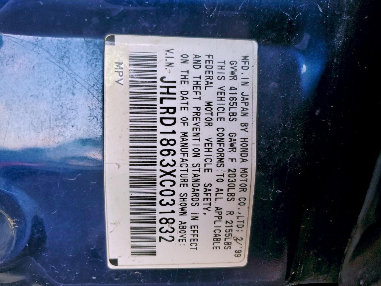 1999 Honda Cr-V Ex VIN: JHLRD1863XC031832 Lot: 94977685