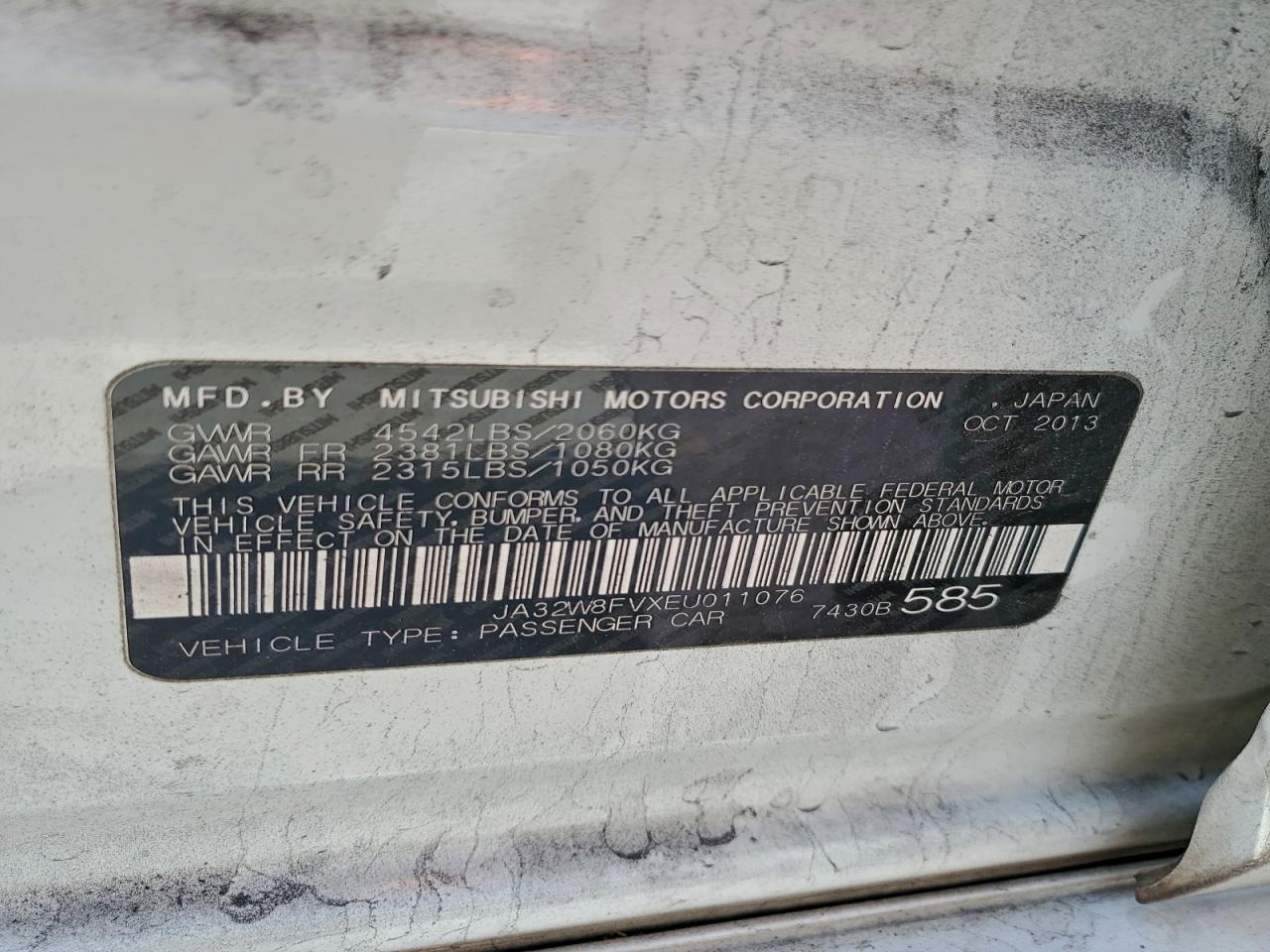 2014 Mitsubishi Lancer Evolution Gsr VIN: JA32W8FVXEU011076 Lot: 95360505