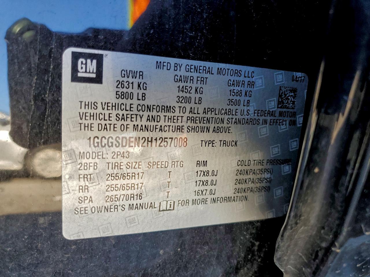 2017 Chevrolet Colorado Z71 VIN: 1GCGSDEN2H1257008 Lot: 95282605