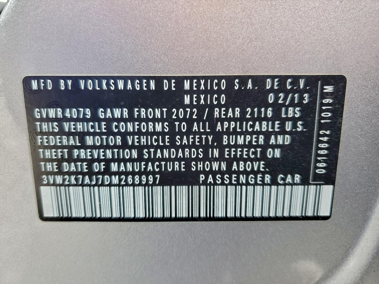2013 Volkswagen Jetta Base VIN: 3VW2K7AJ7DM268997 Lot: 94911535