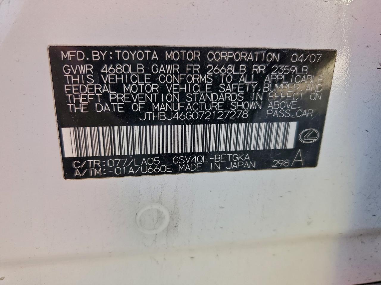 2007 Lexus Es 350 VIN: JTHBJ46G072127278 Lot: 95037305