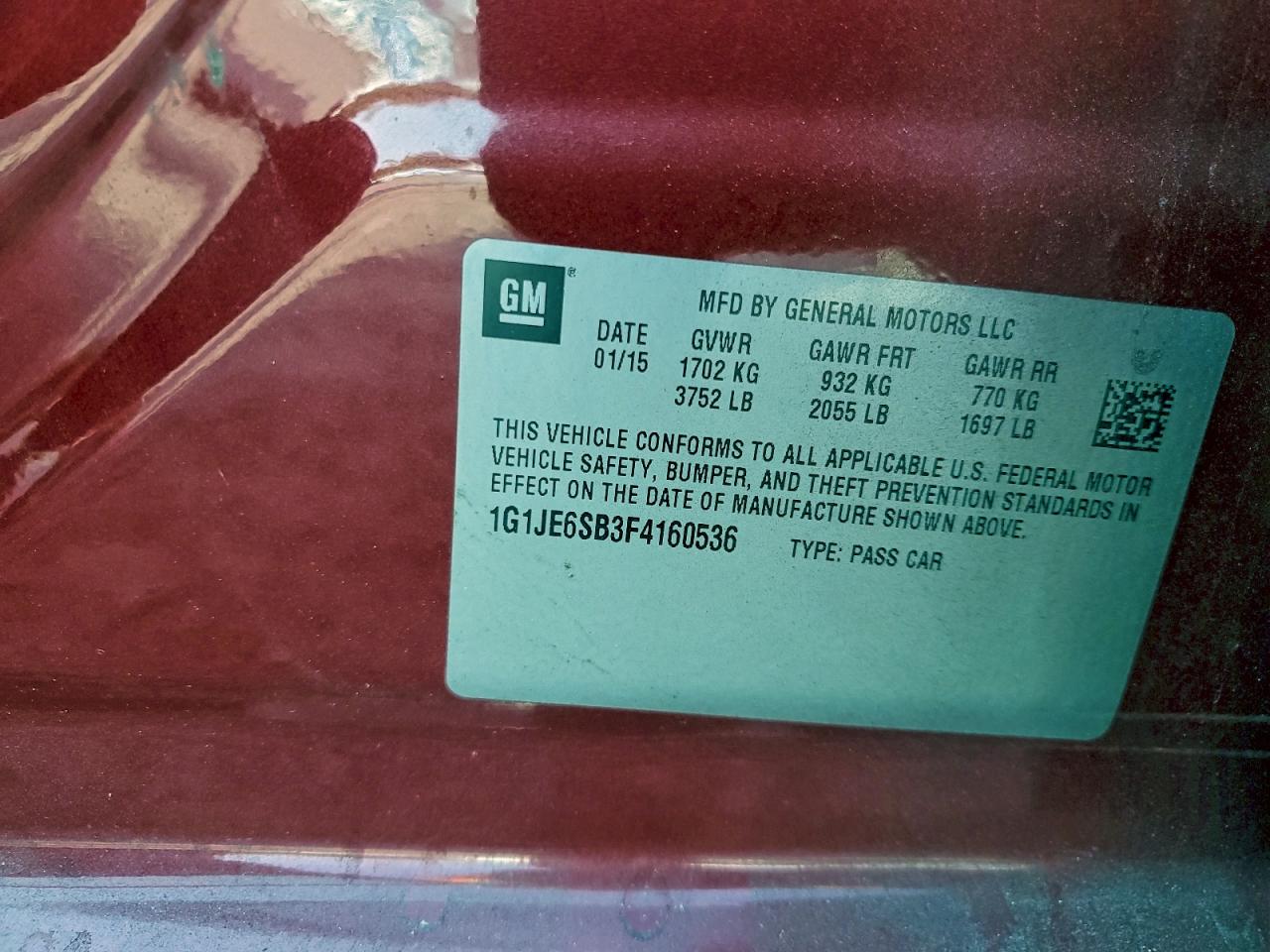 2015 Chevrolet Sonic Ltz VIN: 1G1JE6SB3F4160536 Lot: 95861045