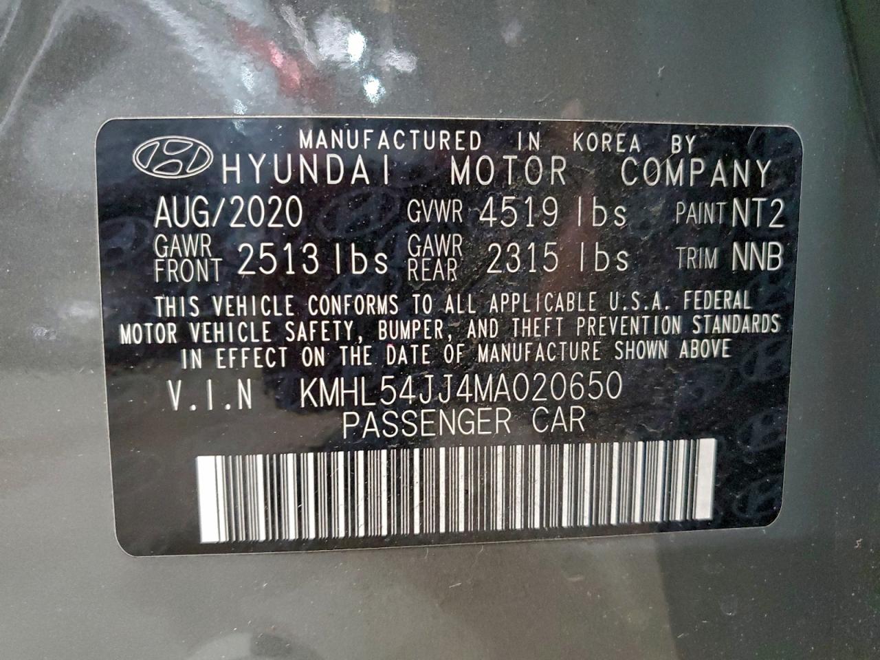 2021 Hyundai Sonata Hybrid VIN: KMHL54JJ4MA020650 Lot: 94944795