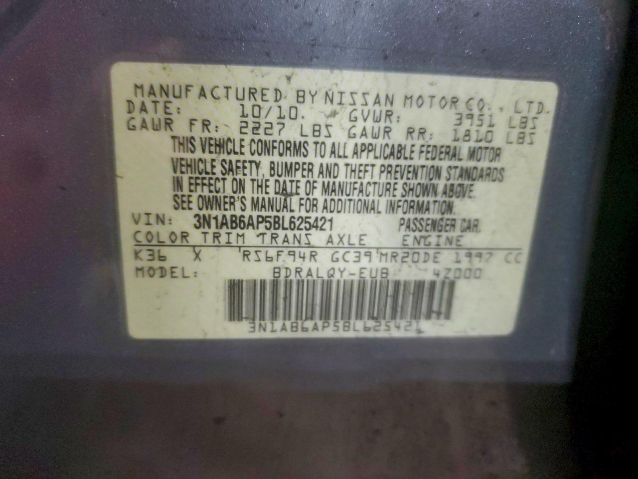 2011 Nissan Sentra 2.0 VIN: 3N1AB6AP5BL625421 Lot: 96304665