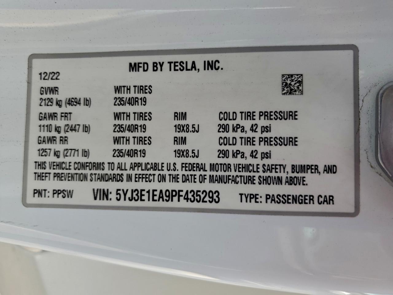 2023 Tesla Model 3 VIN: 5YJ3E1EA9PF435293 Lot: 95130635