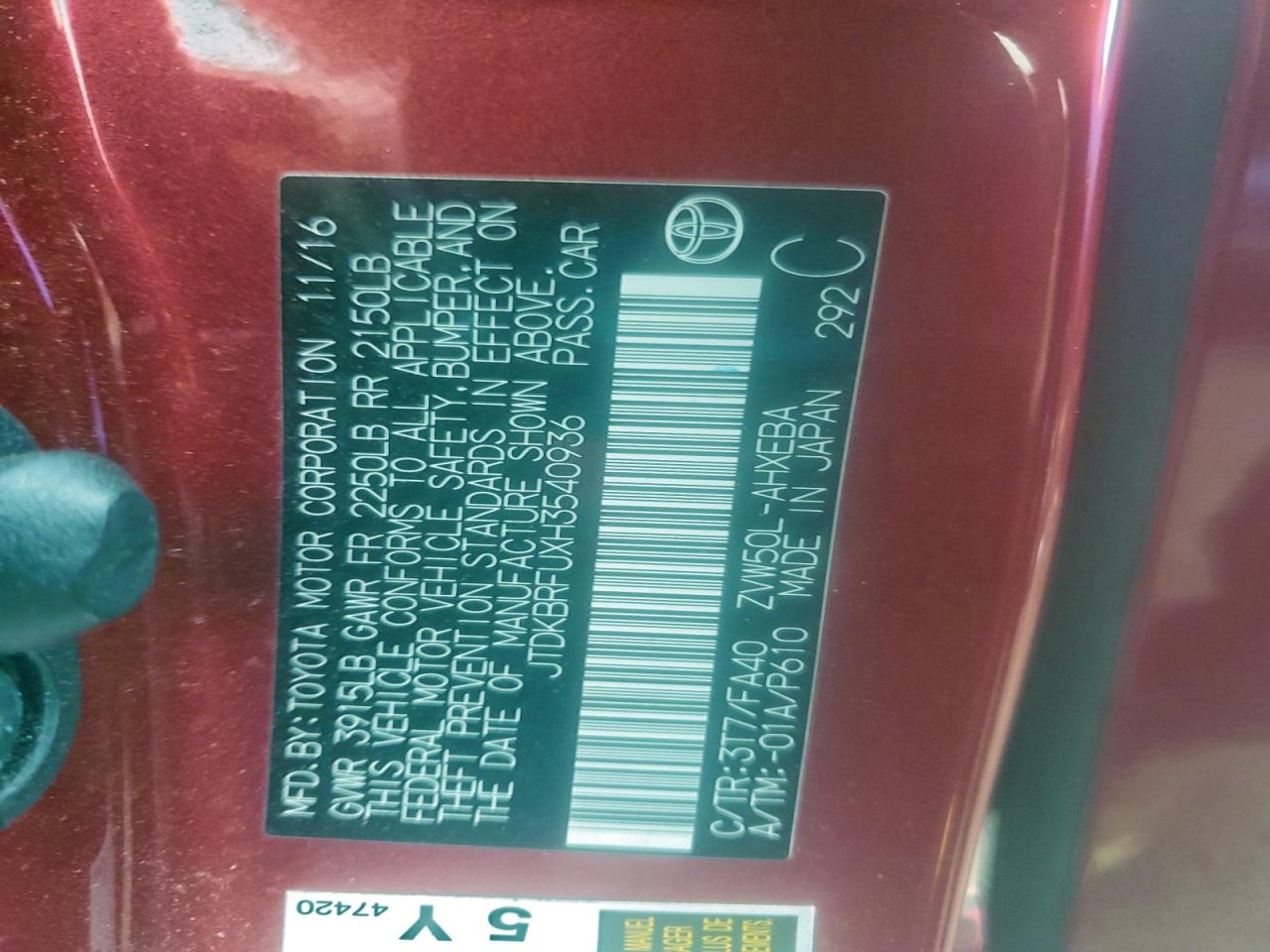 2017 Toyota Prius VIN: JTDKBRFUXH3540936 Lot: 96453865