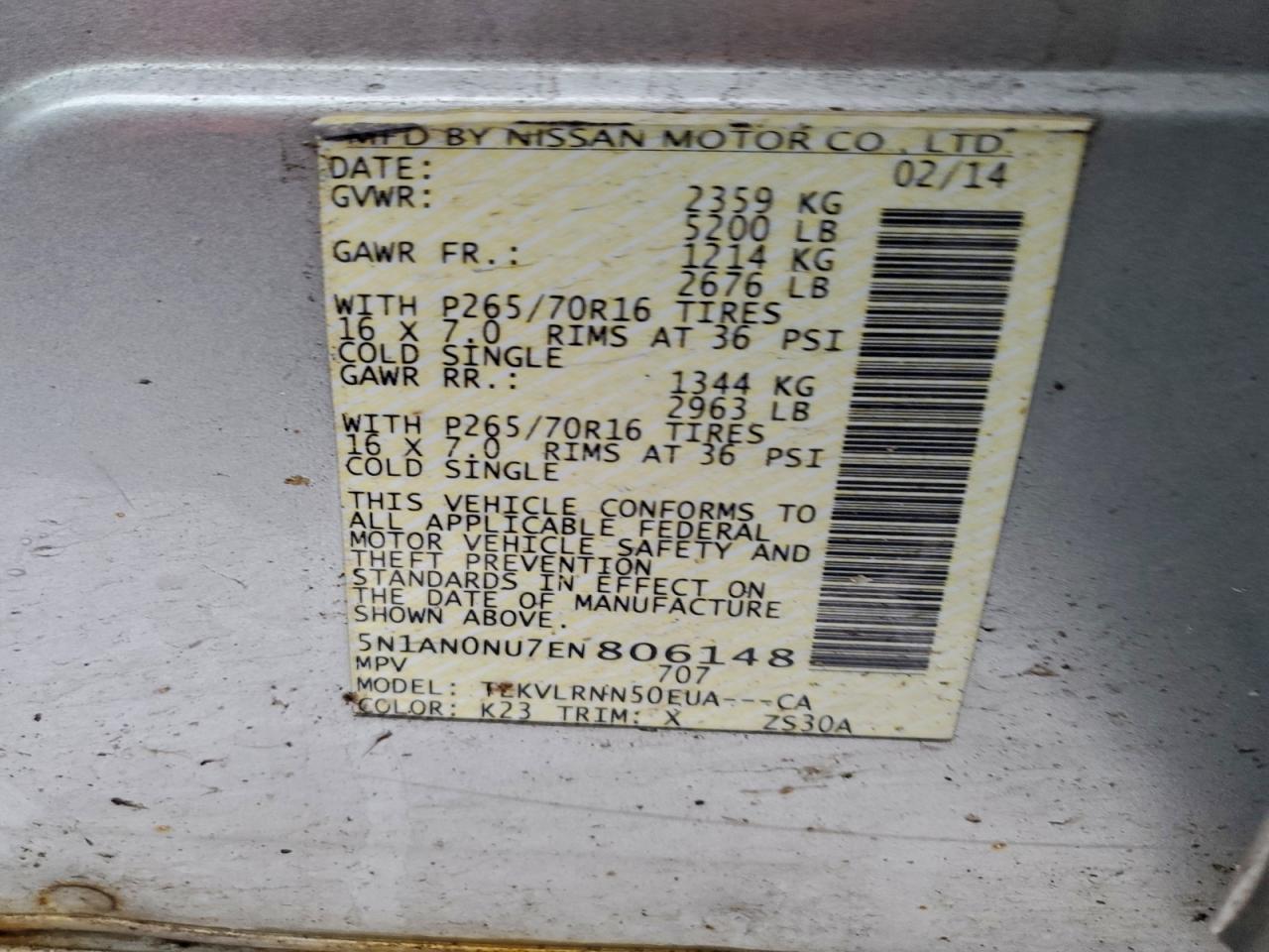 2014 Nissan Xterra X VIN: 5N1AN0NU7EN806148 Lot: 97360215