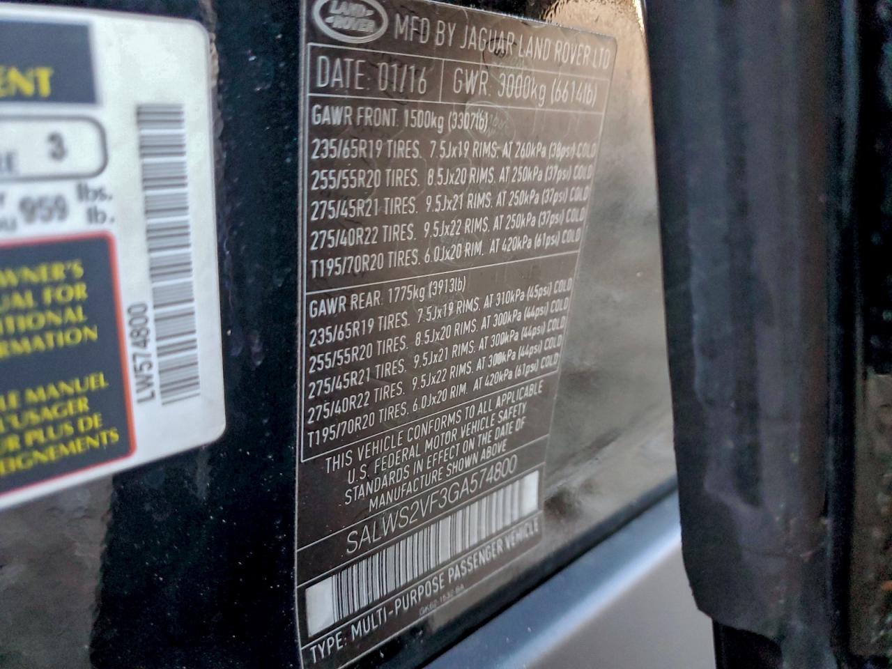 2016 Land Rover Range Rover Sport Hst VIN: SALWS2VF3GA574800 Lot: 96748665