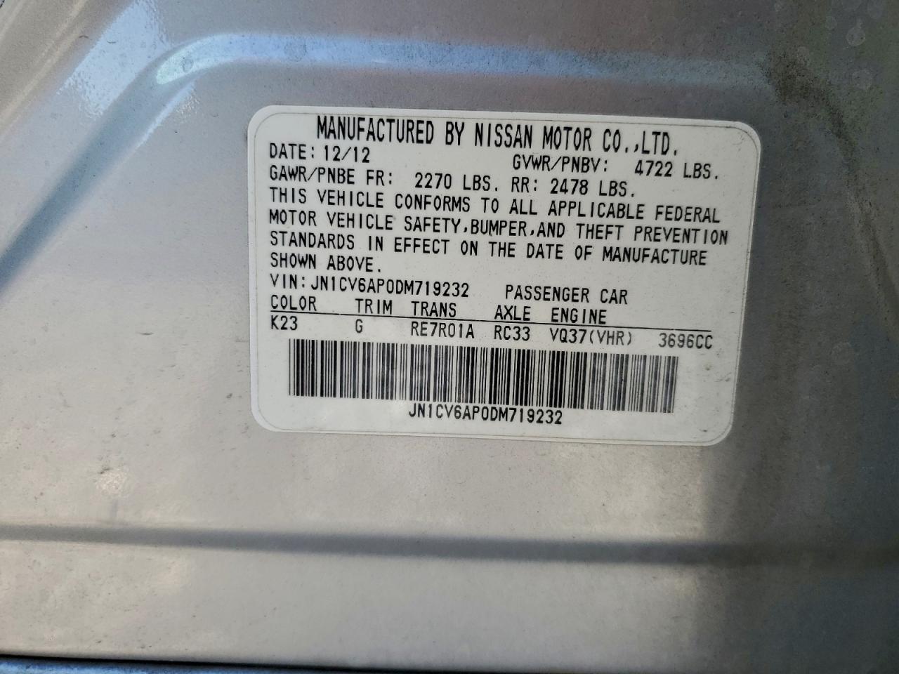 2013 Infiniti G37 Base VIN: JN1CV6AP0DM719232 Lot: 97201645