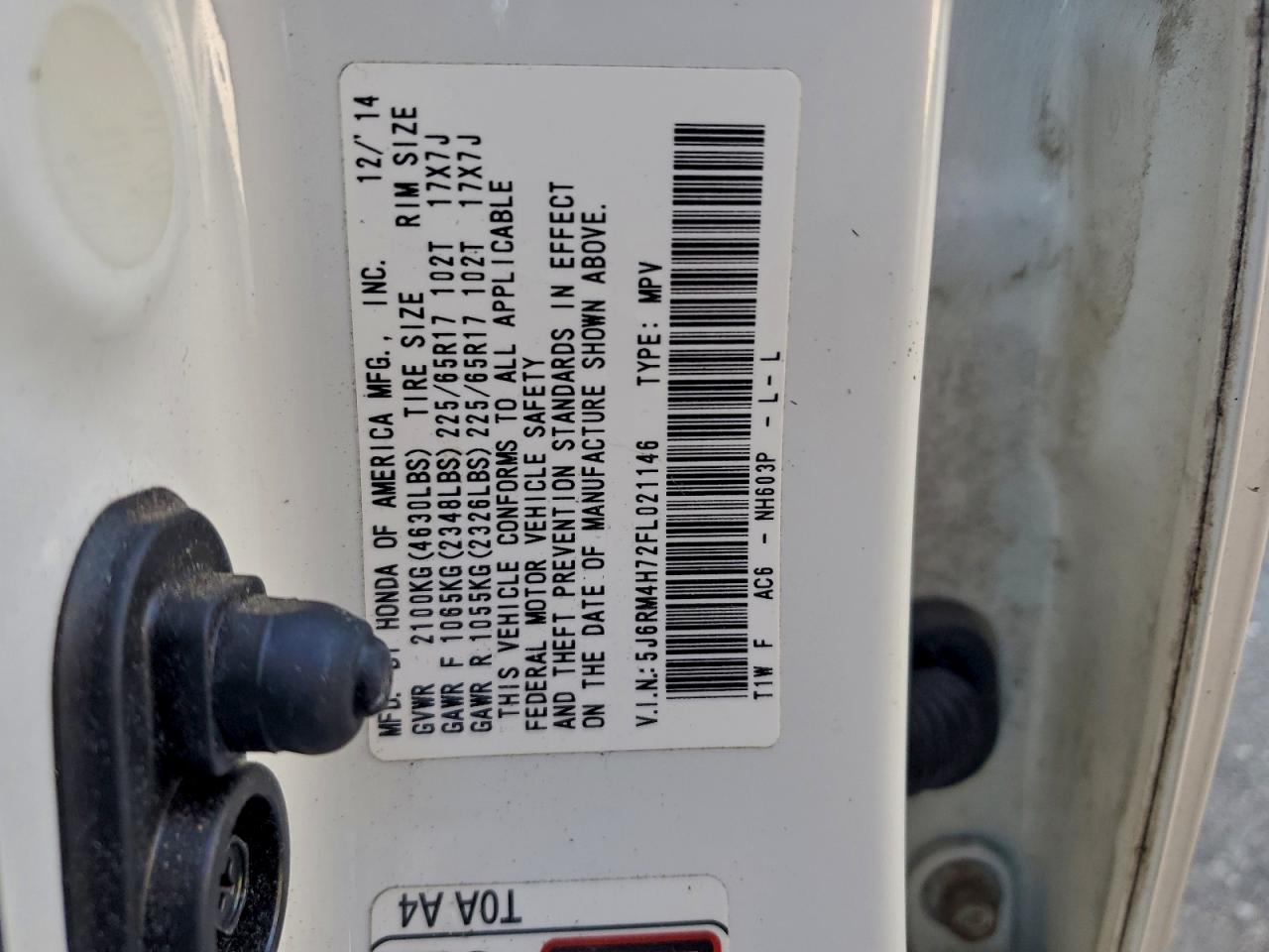 2015 Honda Cr-V Exl VIN: 5J6RM4H72FL021146 Lot: 95421745